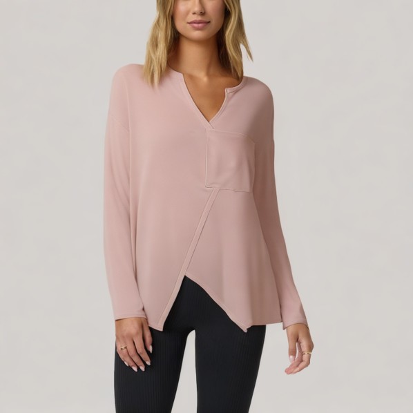 Pink V-neck women's long-sleeved base layer top